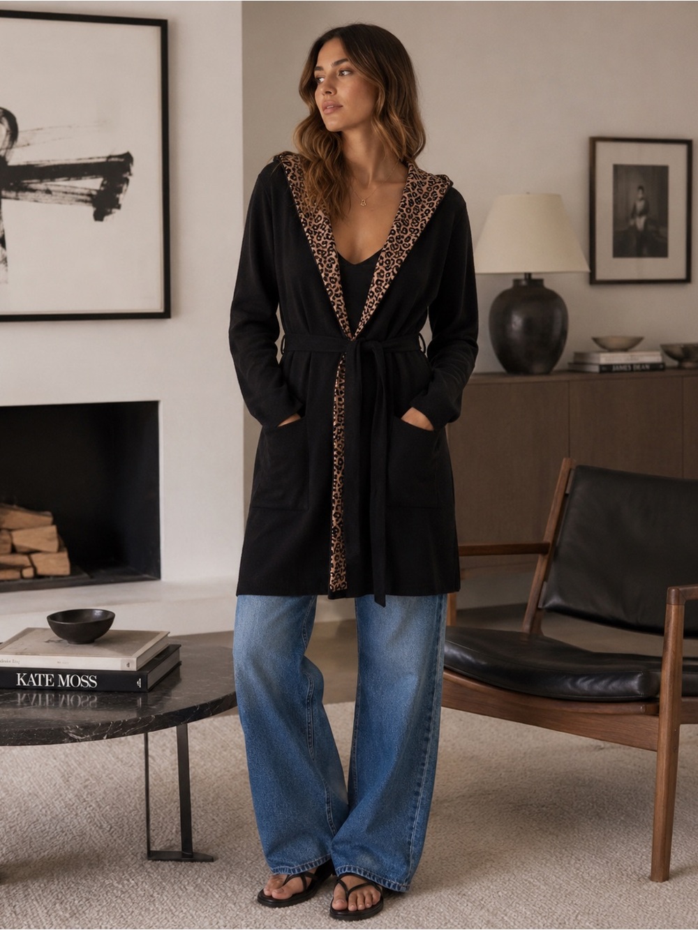 HALSTON New Hooded Coverall Sweater Cardigan MEDIUM Leopard Print Lining Tie
